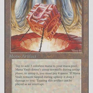 May include: A rectangular trading card titled Mana Vault featuring a brown border and a central illustration of a red, cube-shaped artifact suspended by chains over a circular pit. The text describes the card as a Mono Artifact.