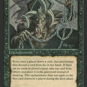 May include: A collectible trading card titled Chains of Mephistopheles featuring a dark, horned creature holding silver chains. The card has a green border, a tan text box with game rules, and the artist credit Heather Hudson at the bottom.