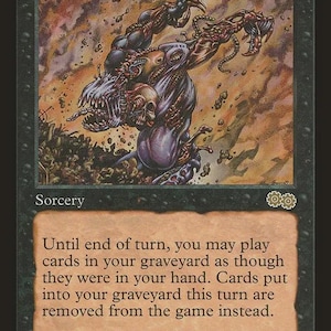 May include: A black-bordered trading card titled Yawgmoth's Will, featuring a dark, surreal illustration of a biomechanical creature. The card text reads: Until end of turn, you may play cards in your graveyard as though they were in your hand.