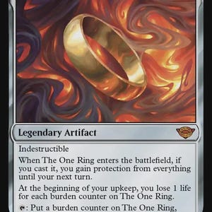 May include: A collectible trading card titled The One Ring, featuring a gold ring illustration against a swirling orange and dark purple background. The card text includes Legendary Artifact, Indestructible, and specific game mechanics.