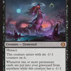 May include: A Magic: The Gathering trading card titled Moonshadow, featuring a purple and black elemental creature in a dark landscape with two moons. The card text includes Menace, enters with six -1/-1 counters, and a graveyard ability.