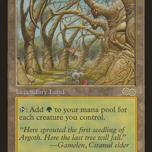 Peut inclure: Une carte à collectionner Gaea's Cradle avec une bordure beige et une illustration fantastique d'arbres stylisés dans une forêt. Le texte indique : Gaea's Cradle, Legendary Land, Add green mana to your mana pool for each creature you control, Here sprouted the first seedling of Argoth. Here the last tree will fall. -Gamelen, Citanul elder, Illus. Mark Zug, 1993-1998 Wizards of the Coast, Inc. 321/350.