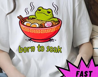 Koszulka "Born To Soak Ramen Frog", uroczy, zabawny, unisexowy mem, oryginalny prezent dla miłośnika makaronu w jacuzzi, sarkastyczna, kawaii koszulka z żabą