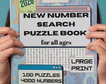 Libro de rompecabezas de búsqueda de números imprimible / Letra grande 100 rompecabezas / 2026 Descarga instantánea para adolescentes y adultos