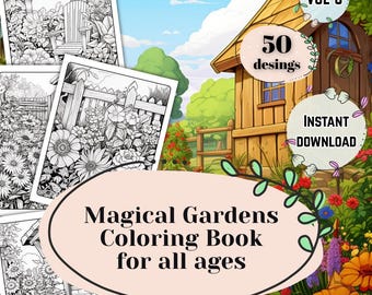 Libro para colorear de jardín, volumen 6. Láminas botánicas imprimibles en escala de grises con escenas florales campestres. Descarga instantánea en PDF. Actividad para aliviar el estrés y fomentar la atención plena.