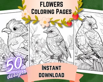 Birds and Flowers Coloring Book Volume 5 Printable Bird Coloring Pages PDF Relaxing Nature Coloring Instant Download Adult Coloring Sheets