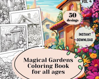 Libro para colorear de jardín, volumen 4. Láminas botánicas imprimibles en escala de grises con escenas florales campestres. Descarga instantánea en PDF. Actividad para aliviar el estrés y fomentar la atención plena.