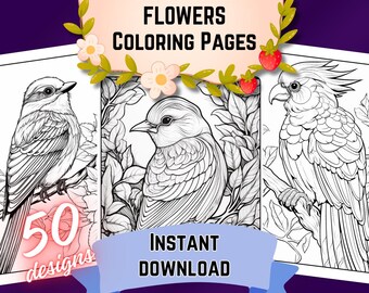 Printable Bird Coloring Book Volume 6 Adult Coloring Pages Birds with Flowers and Trees PDF Mindfulness Nature Coloring Sheets for Kids
