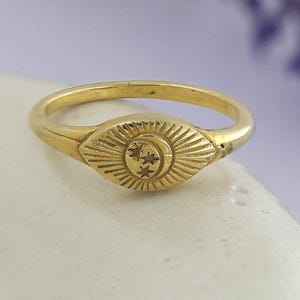 18K vergoldeter Mond und Sterne Ring, 925 Sterling Silber zierlicher Schmuck, Halbmond Ring für Frauen, Jahrestagsgeschenk, Weihnachtsgeschenk für Sie