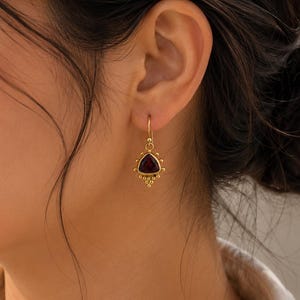 Red Garnet Dangle Earrings, Trillion Cut Gemstone Earrings, 18K Gold Plated Statement Jewelry gifts for women