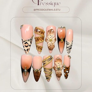 Wild Animal Print Press On Nails – 3D Flower & Rhinestone Design, Leopard Zebra Print, Long Coffin or Stiletto, Handmade Nail Art Set