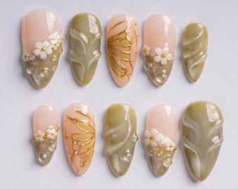 3D Green Leaf Press On Nails: Floral Gold Accent, Handmade Nail Art