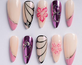 Purple Butterfly Press On Nails | Chrome Gradient 3D Art, Coffin Almond Shape