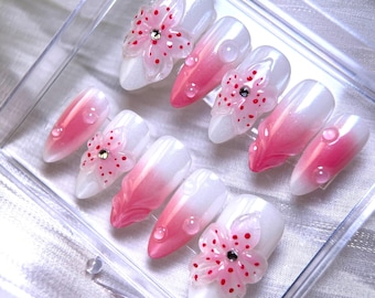 Uñas postizas con flores rosas: Arte de uñas con flores 3D, uñas femeninas hechas a mano
