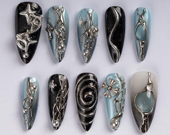 Gothic Black Silver Chrome Press On Nails: 3D Cross & Star Stiletto Set