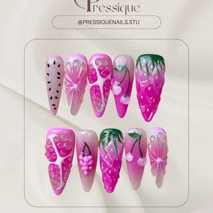 Fruity Pink Press-On Nails – Handmade 3D Fruit Nail Art with Cherries, Grapes, Berries & Melon | Cute Summer Set