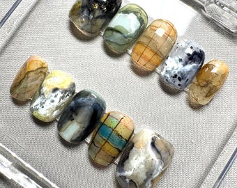 Hand-Painted Press On Nails: Abstract Earth Tone Square Set