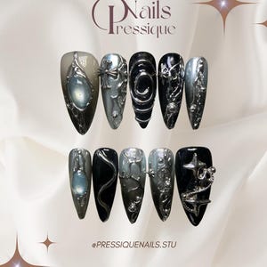Gothic Black Silver Chrome Press On Nails: 3D Cross & Star Stiletto Set
