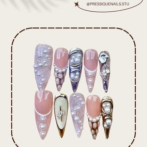 Pearl & Chrome 3D Press On Nails | Luxury Bridal Nail Set | Elegant Handmade Design