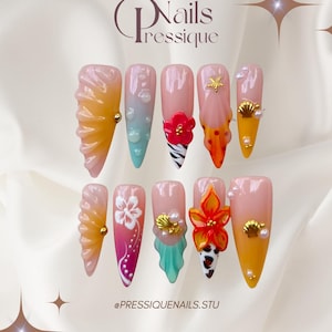 Tropical Beach Vibes Press-On Nails – Summer 3D Flower & Shell Design | Handmade Long Coffin Nails