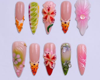 Tropical 3D Flower Press On Nails – Handcrafted Summer Nails with Hibiscus & Leaf Designs