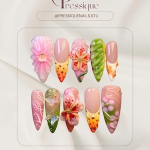 Tropical 3D Flower Press On Nails – Handcrafted Summer Nails with Hibiscus & Leaf Designs
