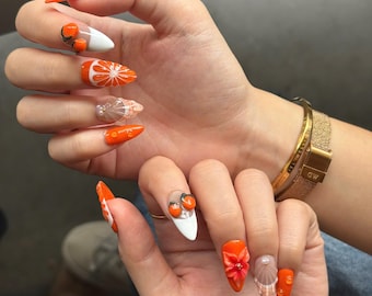 Orange Fruit 3D Press On Nails – Citrus Summer Nails with Flower & Seashell Accents