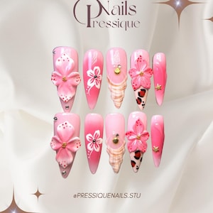 3D Flower Press On Nails: Pink Ombre Floral Leopard Accent