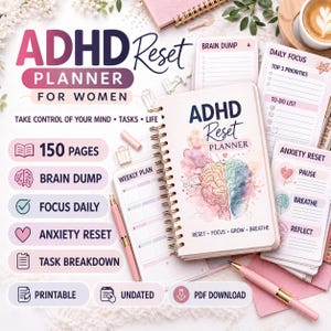 Puede incluir: Un planificador con espiral titulado "ADHD Reset Planner" con el texto "For Women". La portada presenta un diseño de cerebro en acuarela. Otros elementos incluyen un bolígrafo rosa y blocs de notas con títulos como "Brain Dump" y "Daily Focus".