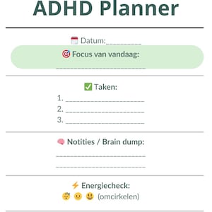 May include: A white ADHD planner titled "Zenfully Focused". The planner includes sections for the date, daily focus, tasks, notes, energy check, and rewards. The text is in a dark green font.