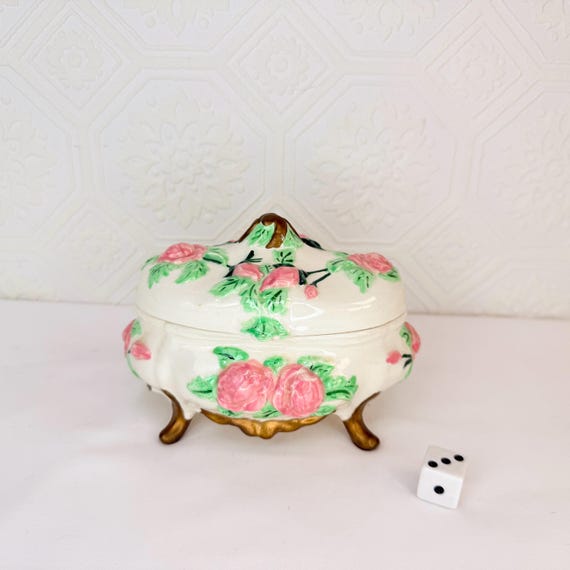Vintage Hand Painted Ceramic Rose Trinket Box Footed Vanity Box - Small Repair