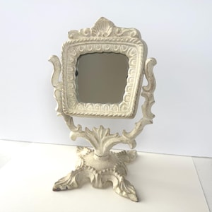 Vintage Cast Iron Tabletop Vanity Mirror — Ornate Shabby Cottage Decor, Antique-Style Makeup Mirror
