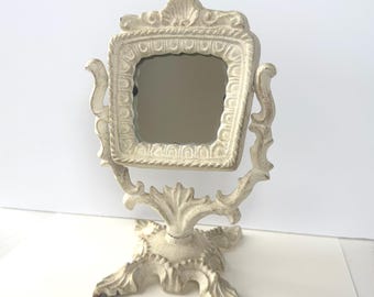 Vintage Cast Iron Tabletop Vanity Mirror — Ornate Shabby Cottage Decor, Antique-Style Makeup Mirror
