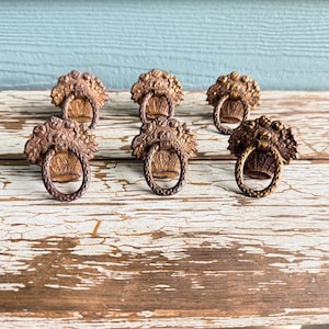 Op de afbeelding: Een set van zes bronskleurige metalen ladehandgrepen, elk voorzien van een decoratieve achterplaat in de vorm van een mand vol bloemen en een bijpassende ovale hanggreep. Het beslag heeft een getextureerde, verouderde afwerking met donkere accenten.