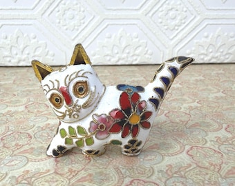 Vintage Cloisonné Cat Figurine — Enamel Brass Kitty, Floral Chinoiserie Decor, Collectible Cat Lover Gift