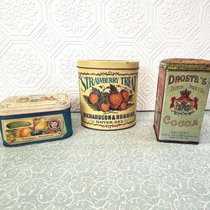 Set of 3 Vintage Food Tins — Droste’s Cocoa, Richardson & Robbins Strawberry Treat, and Heinz, Retro Kitchen Decor