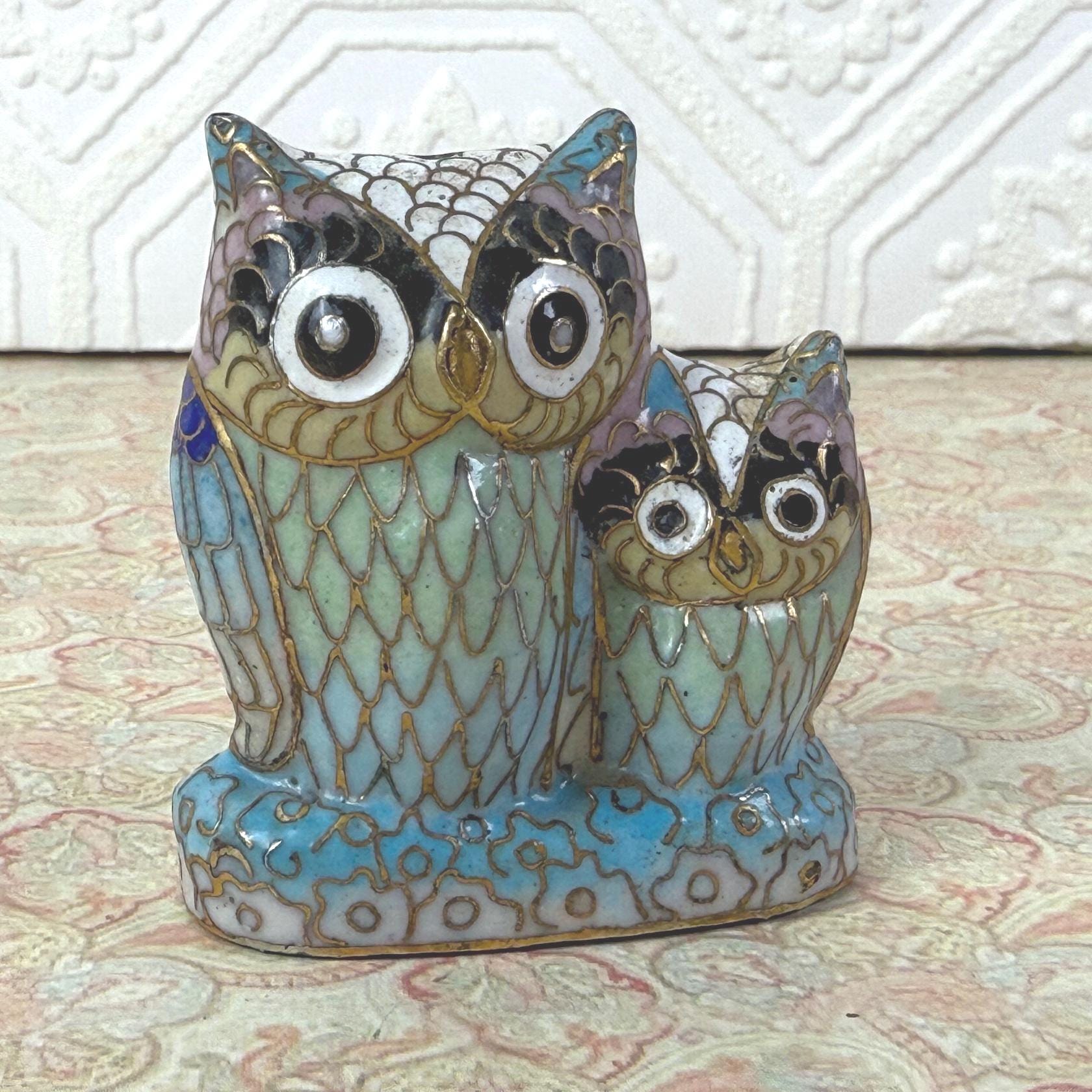 Vintage Cloisonné Owl Pair — Enamel Chinoiserie Figurine, Brass Owl Family, Collectible