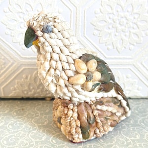 Vintage Sailor Art Seashell Parrot Figurine — Shellcraft Bird, Coastal Beach Cottage Decor
