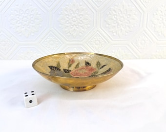 Blommig Cloisonné Vintage Emalj och Mässing Piedestalskål Indien Handmålad Fotfat