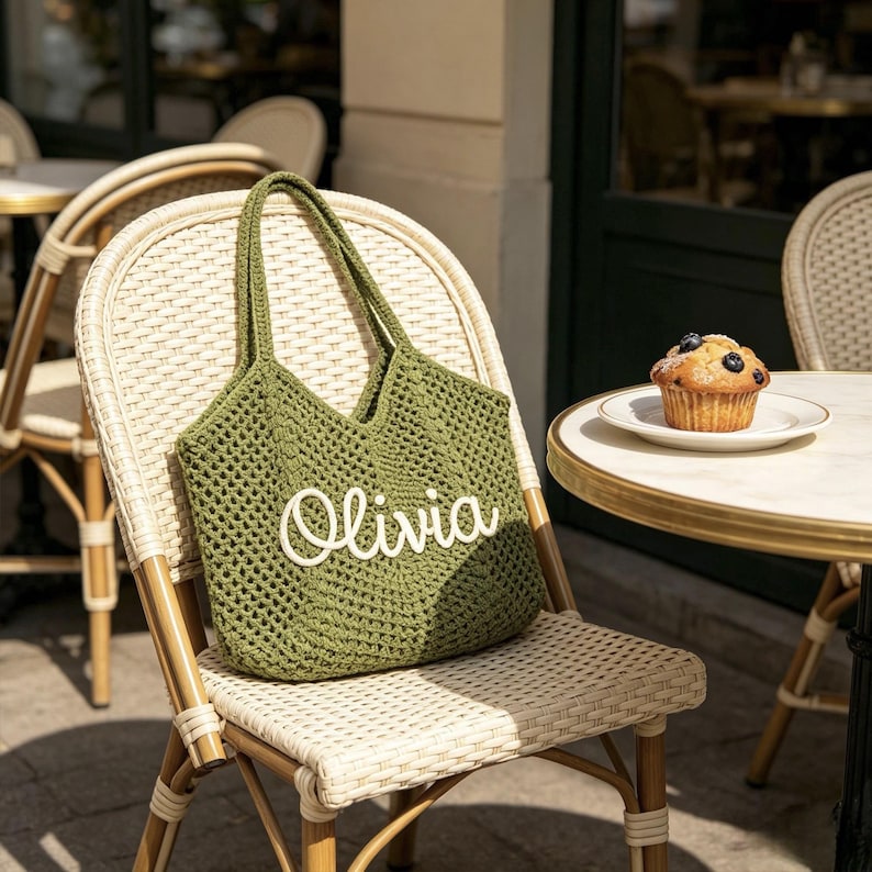 Puede incluir: Un bolso tote de ganchillo verde con el nombre "Olivia" en escritura blanca se muestra en una silla de mimbre. El bolso tiene una abertura ancha y asas largas. Un muffin con ar&aacute;ndanos est&aacute; en un plato peque&ntilde;o sobre una mesa.