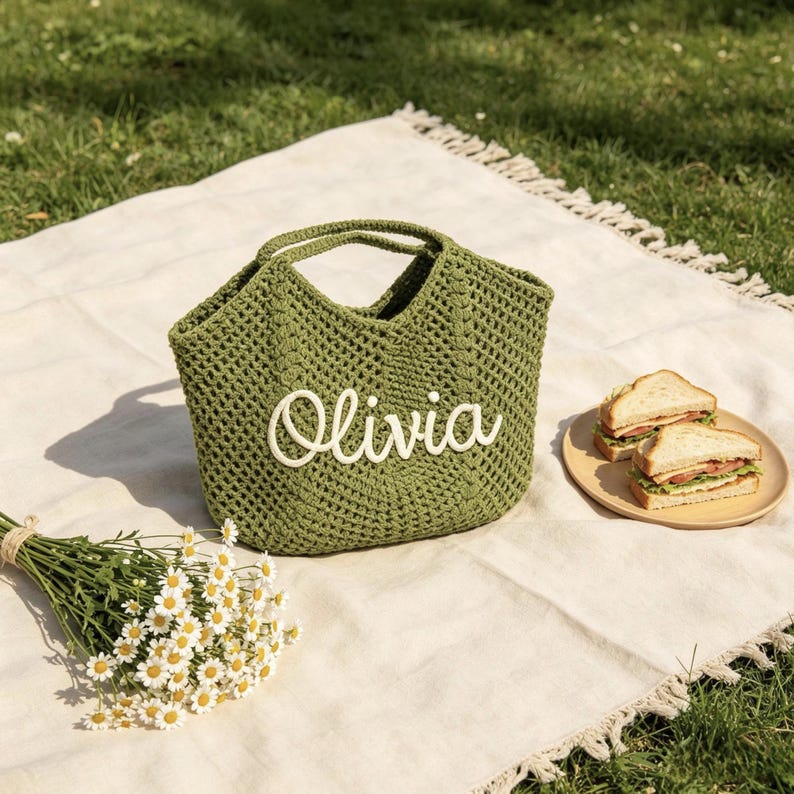 Puede incluir: Un bolso tote verde tejido a ganchillo con el nombre "Olivia" en escritura blanca. El bolso est&aacute; sobre una manta blanca, junto a un ramo de margaritas y un plato con s&aacute;ndwiches. La escena est&aacute; ambientada al aire libre.