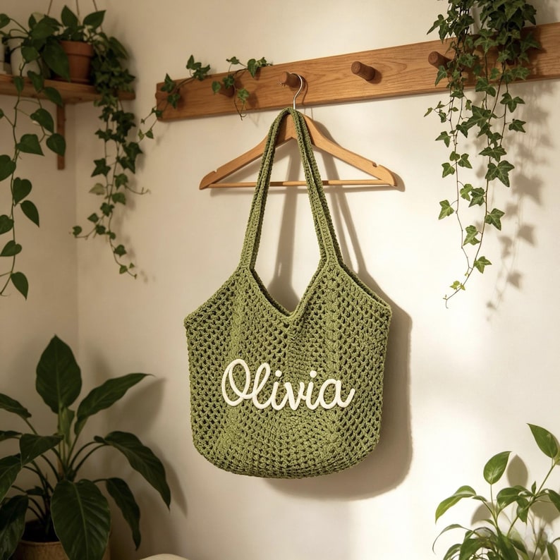 Puede incluir: Un bolso tote de ganchillo verde con el nombre "Olivia" en escritura blanca. El bolso est&aacute; colgado de una percha de madera contra una pared blanca, con plantas en el fondo.