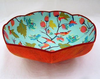 Birds and Buds fabric bowl pink orange turquoise