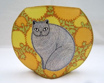 Dignified Cats--yellow fishbowl fabric vase black and white