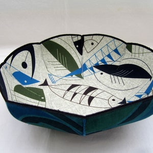 Modern Fish fabric bowl mid century modern MCM blue green navy gray