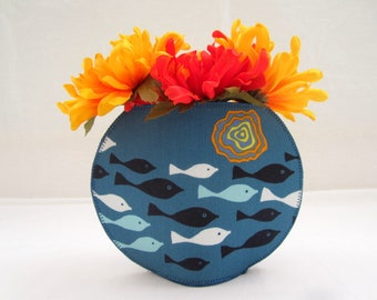 Black and Blue Fish fishbowl fabric vase dark turquoise