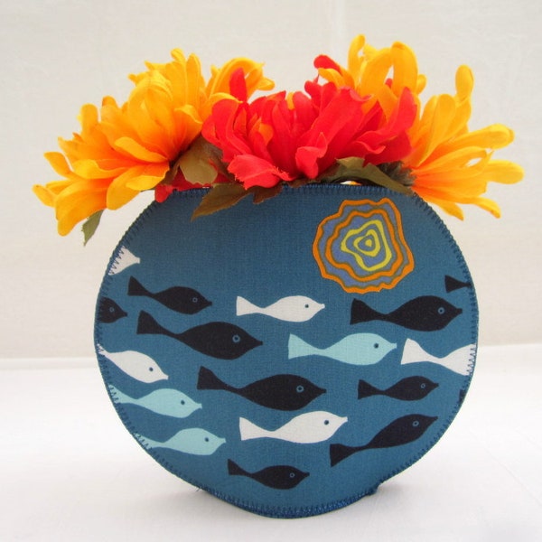 Black and Blue Fish fishbowl fabric vase dark turquoise