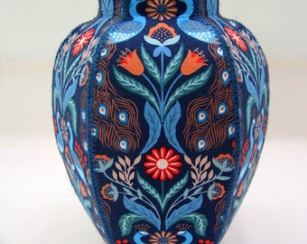 Peacock and Tulip fabric ginger jar vase folk art