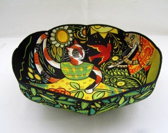 Dancing Cat fabric bowl Julie Paschkis folk art yellow black