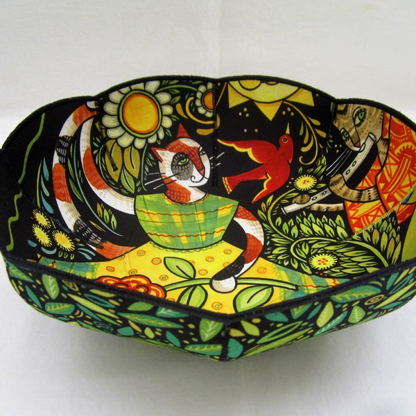 Dancing Cat fabric bowl Julie Paschkis folk art yellow black